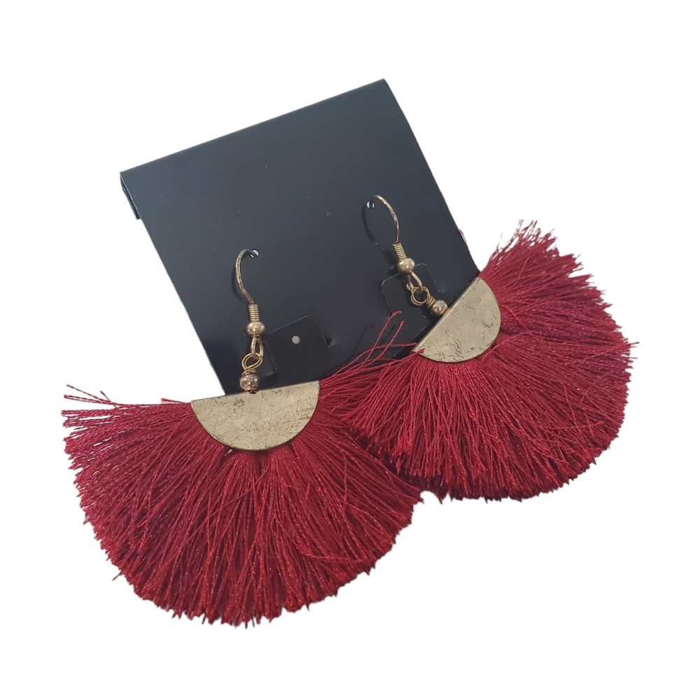 Burgundy Deep Red Tassle Fan Brinze Earrings